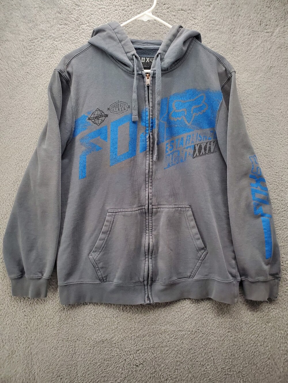 Vtg Fox Racing Hoodie Full Zip Mens Medium Gray Distressed